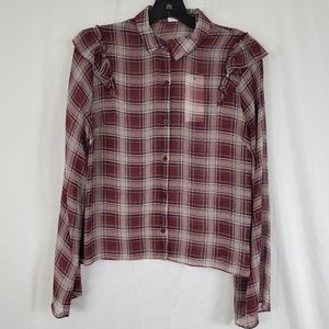 LUSH Sheer Button Down Plaid Blouse